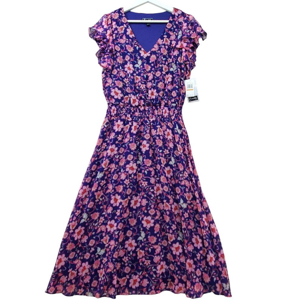 Everlily Purple Fuchsia Floral Chiffon Midi Dress Smocked Waist‎ Ruffle Sleeve M